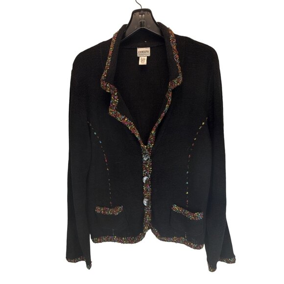 Chico's Black Knit Cardigan Jacket Size 2 Multicolor Trim Button Front Pockets - Picture 1 of 6